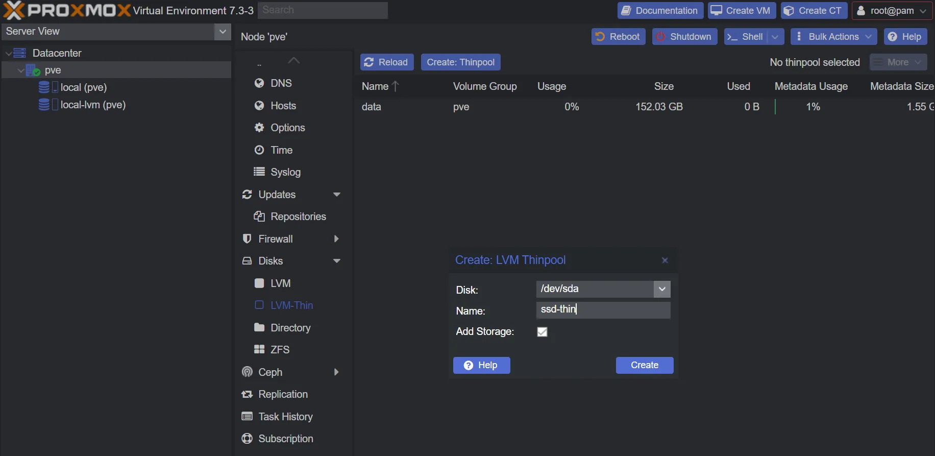 proxmox-add-thinpool